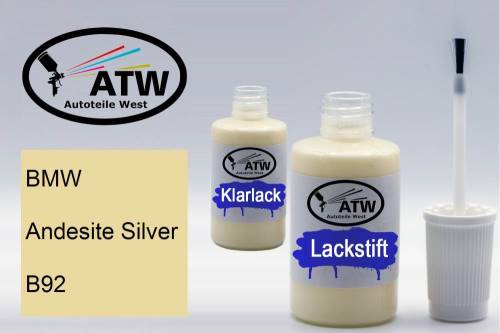 BMW, Andesite Silver, B92: 20ml Lackstift + 20ml Klarlack - Set, von ATW Autoteile West.